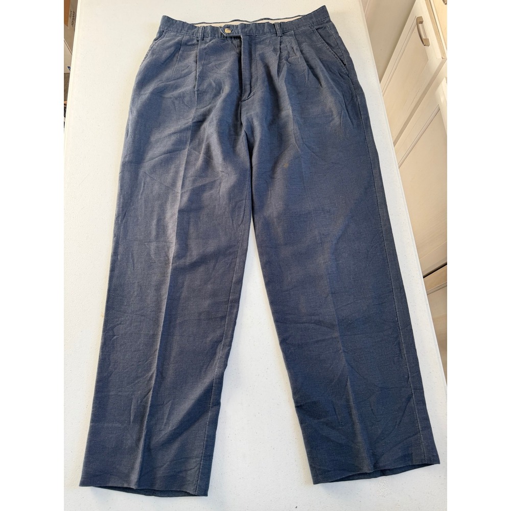 GH Bass & Co Mens Blue Linen Cotton Blend Pleated Straight Leg Pants 34x32